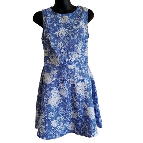 Three Ena Blue and White Sleeveless Floral Print Dress Sz Small - Picture 2 of 8